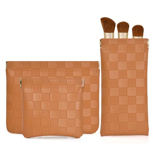 3PCS Small Makeup Bag for Purse，Waterproof Leather Portable Mini Makeup Bag,Snap Closure Organizer Pouch for Coin Cards Jewelry Lipstick Cosmetic Accessories，Small Travel Kit Storage Pouch - color: Brown