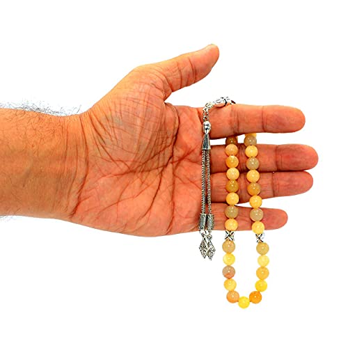 Simple Designed Natural Stone Worry Beads (8mm -33 Beads) - Prayer Beads Tesbih-Tasbih-Tasbeeh-Misbaha-Subha-Sebha-Sibha-Rosary (Yellow Jade Stone) - color: Yellow Jade Stone