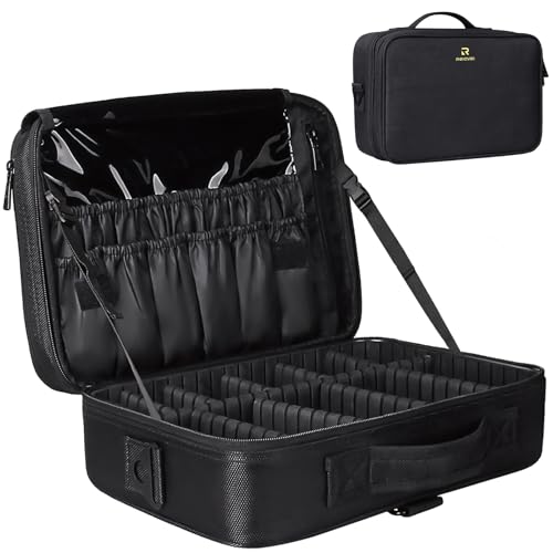 Relavel Travel Makeup Train Case Makeup Cosmetic Case Organizer Portable Artist Storage Bag with Adjustable Dividers for Cosmetics Makeup Brushes Toiletry (medium black) - color: Black, size: Medium