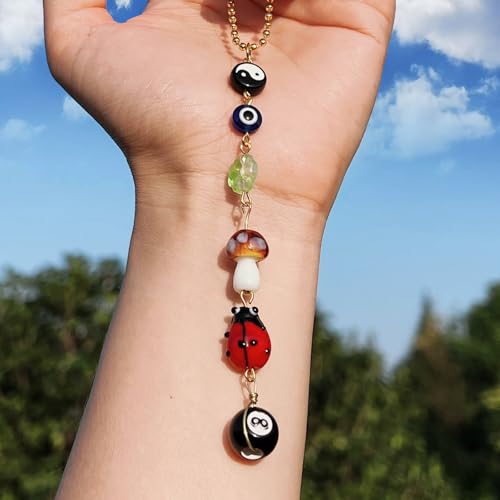 Car Rear View Mirror Accessories Mushroom Car Hanging Ornament, Evil Eye Witchy Handmade Rearview Decor Charm Lampwork Glass Beads Swinging Interior Decor for Women Men - color: Evil Eye