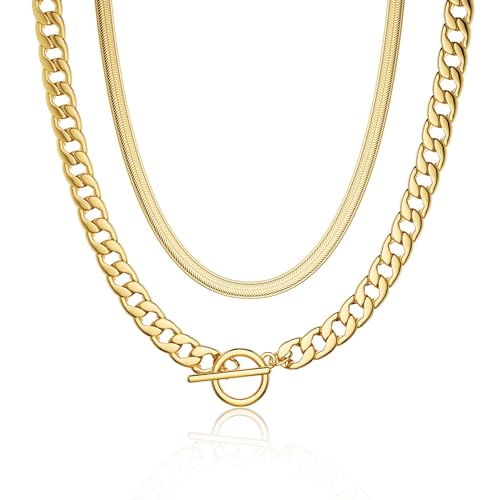 CHESKY 14K Gold Plated Chunky Necklace for Women, Trendy Paperclip Chain Necklace Thick Cross Heart Pendant Necklace Layered Herringbone Cuban Link Chain Toggle Necklaces Non Tarnish Jewelry - color: gold, style: cuban+herringbone