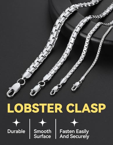 ChainsHouse Flat Box Chain Necklace Men, 2/4/6/8mm Round Link Chain Necklaces, Stainless Steel/Black/14K Gold Plated Mens Jewelry, 14"-30" Length, Come Gift Box - color: A-4mm-stainless, size: 22 Inches