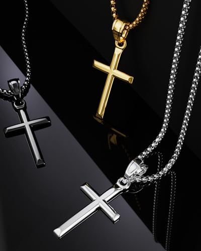 Exquisite Cross Necklace for Men and Women, Silver/Gold/Black Cross Chain with Top-grade 316L Stainless Steel Cross Pendant, 18-24 Inch Box/Byzantine Chains - color: Elegant Silver, size: 22 Inch=56CM(Men's Average Length), style: Box Chain with Medium Pe