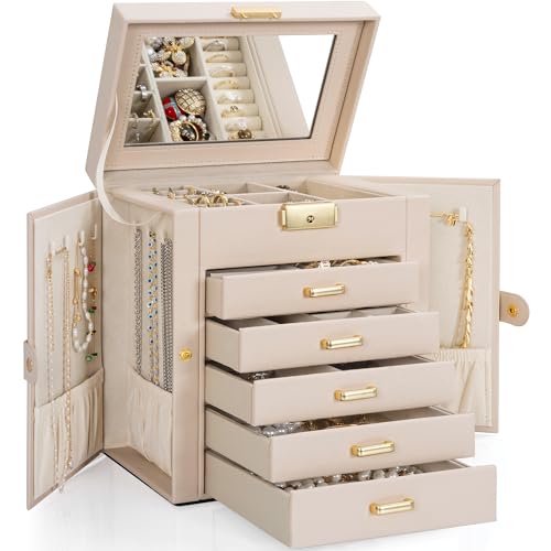 TORIBIO Large Jewelry Box for Women, Leather Jewelry Organizer with Mirror & Lock, 6-Tier Jewelry Storage Case for Girls/Women/Mothers, Necklace Earring Bracelets Holder Organizer - color: Beige Yellow, size: 6 Layer