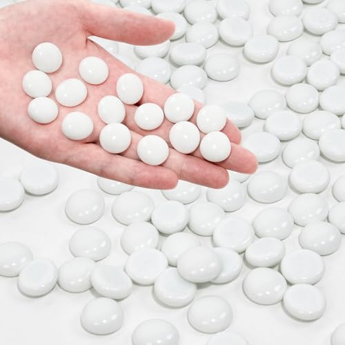 White Flat Glass Marbles, 0.97 lb Vase Filler Pebbles Gems, Decorative Glass Beads for Vases, Crafts, Floral, Mancala Stones, Aquarium Rocks for Fish Tank, 0.6"-0.8" (Approx. 80-100 PCS) - color: White