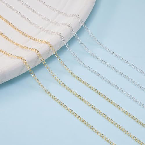Kyutong 2 Rolls Gold and Silver Extender Chain for Jewelry Making 3MM Wide Curb Links Stainless Steel Necklace Chains Spool on Bulk with Lobster Clasps Jump Rings Jewelry Supplies for Crafts DIY - color: Curb Chain