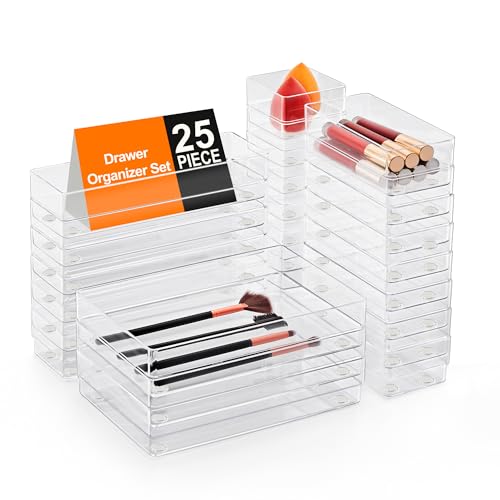 SMARTAKE 25-Piece Drawer Organizer with Non-Slip Silicone Pads, 4-Size Desk Drawer Organizer Trays Storage Tray for Makeup, Jewelries, Utensils in Bedroom Dresser, Office and Kitchen (Clear) - style: 25 PCS