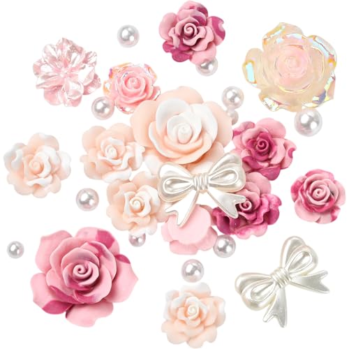 BEEFLIYNG 1 Pack Random 3D Resin ABS Colorful Rose Flower Butterfly Bow Charm Pearl Bead Acrylic Floral Decor Cabochons for Bracelet Earring Necklace Phone Case Craft DIY Jewelry Making - color: Pink