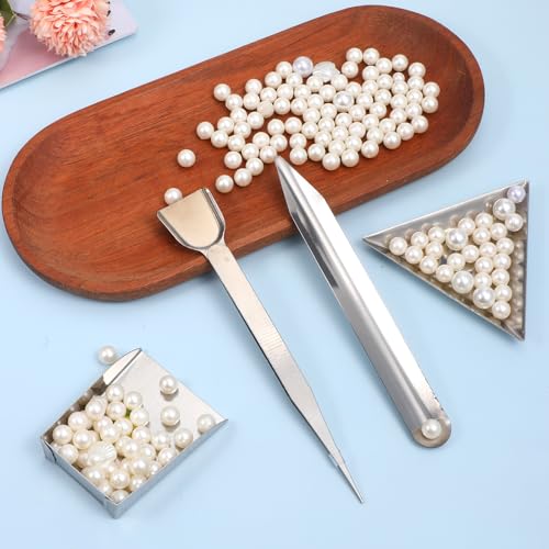 4PCS Bead Scoop, Craft Jewelry Bead Diamond Scoop Set, Stainless Steel Tweezer with Scoops and Beads Sorting Trays for Gemstones, Pearls, Rhinestones Pick up and Organizing Tools