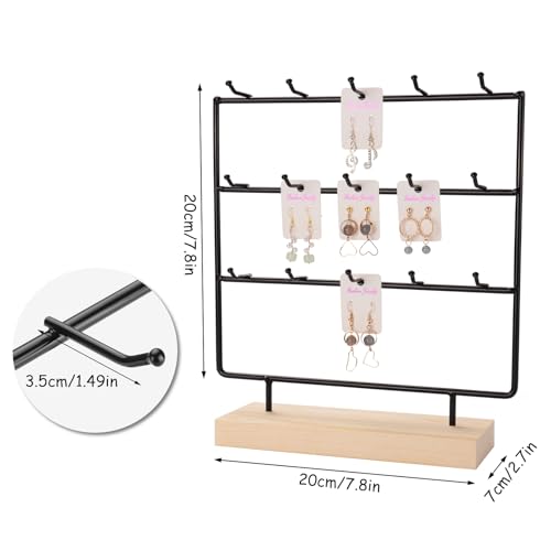 Earring Display Stands for Selling 3 Tier 15 Hooks Jewelry Display Wooden Base Earring Holder Organizer Display Stand for Necklaces Rings Bracelets Keychains (Black)