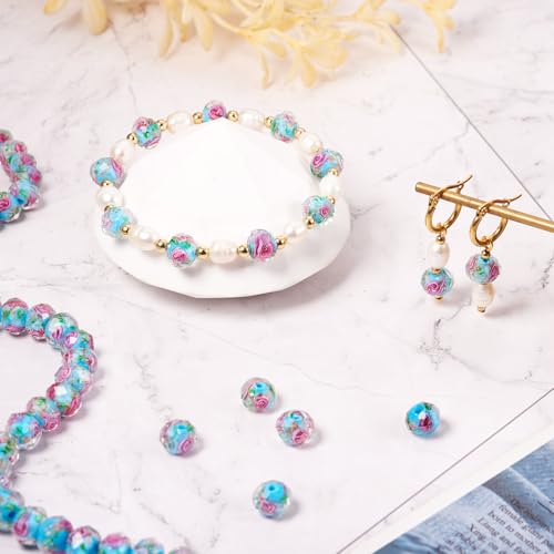 Elecrelive 60Pcs Gold Sand Lampwork Beads Rondelle Flower Glass Beads 10mm Sky Blue Floral Crystals for DIY Bracelet Necklace Earring Jewelry Making - color: Deep Sky Blue