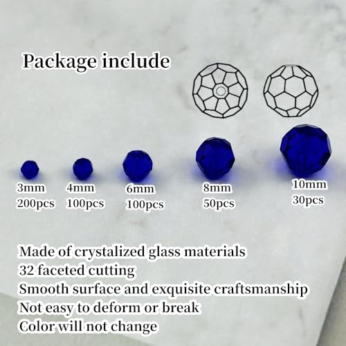 480pcs Crystal Glass Beads 3mm 4mm 6mm 8mm 10mm Round Faceted Glass Spacer Beads for Bracelets Necklace Earring DIY Jewelry Making Craft(Deep Blue) - color: Deep Blue
