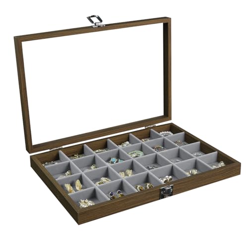 Stratalife Jewelry Organizer Vintage Jewelry Display Case Earring Box Wood Ring Storage with Lid Earrings Holder for Women Drawers 24 Grid - color: Grey, size: 24