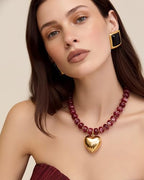 Gold Heart Pendant Necklaces for Women Colorful Acrylic Resin Beaded Choker Necklace Fashion Chunky Statement Beaded Heart Necklace - color: Red