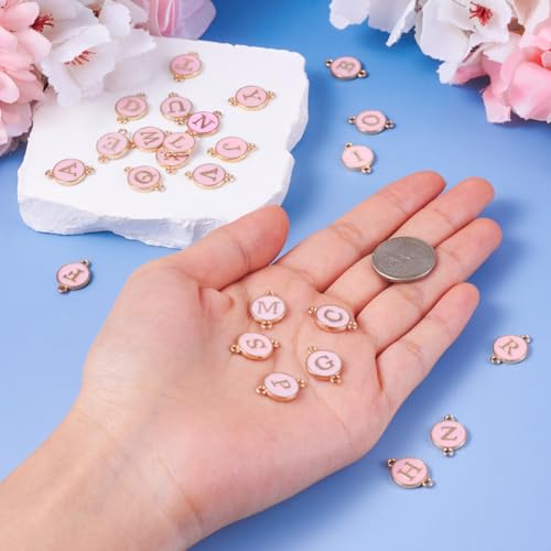 KISSITTY Flat Round with Alphabet Connector Charms Alloy Enamel Letter Links Connectors for DIY Bracelet Earring Jewelry Making - color: Pink