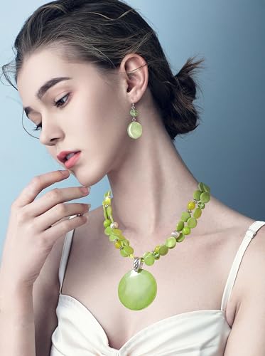 Layered Beads Statement Fashion Necklace Chunky Jewelry Set Big Colorful Glass Stone Circle Shell Pendant Choker Necklace and Earring Set for Women - color: Green
