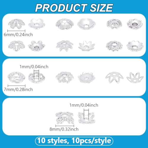 PH PandaHall 100pcs 10 Styles Brass Flower Bead Caps 6/7/8mm Silver Spacer Beads Bead End Caps Flat Spacers Flower Bracelet Beads for Friendship Bracelet Earring Jewellery Making DIY Crafts - color: Silver