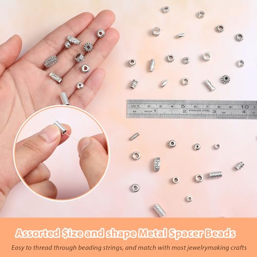 200PCS Silver Spacer Beads for Jewelry Making Small Metal Flat Flower Beads Hollow Filigree Tibetan Alloy Bead for Life Design DIY Jewelry Craft Making Necklace Bracelet Supplies (Various Styles)