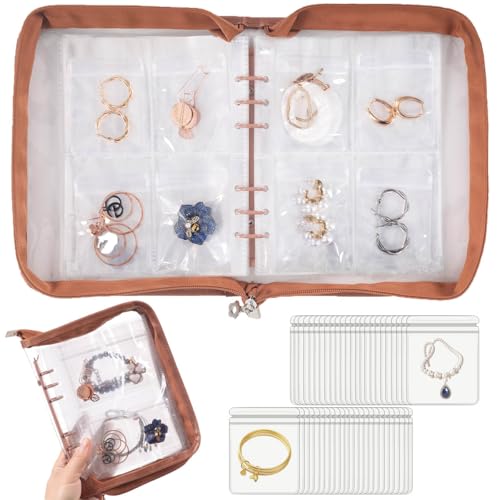 Jewelry Organizer Case Travel Jewelry Storage Bag Clear Jewelry Rolls (Light Brown,With 80 PCS Earring Pouches) - color: Light Brown,With 80 PCS Earring Pouches