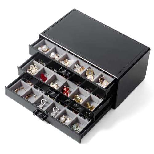 YUFONG Earring Organizer Box Acrylic Jewelry Organizer with 3 Drawers 54 Adjustable Grids Clear Stackable Earring Holder Velvet Trays Ring Display Case for Women Girls (Black Gray) - color: Black Gray