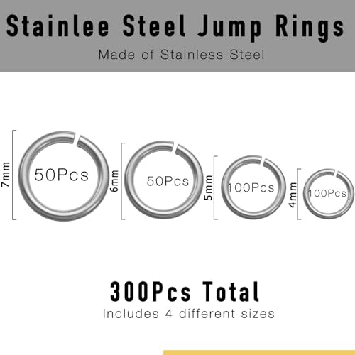300PCs Stainless Steel Jump Rings for Jewelry Making, 4mm 5mm 6mm 7mm, Earring Bracelet Necklace Finding & Supplies (Stainless Steel) - color: White Gold