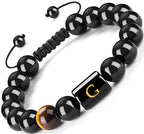 FRG Initials Bracelets for Men Letter Link Handmade Natural Black Onyx Tiger Eye Stone Beads Braided Rope Meaningful Bracelet - style: Braided rope-G