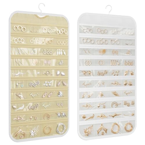 1 Pack Hanging Jewelry Organizer 80-Pocket Dual-sided Jewelry Storage for Earring Necklace Bracelet Ring Travel Holder, White and Beige - color: White and Beige