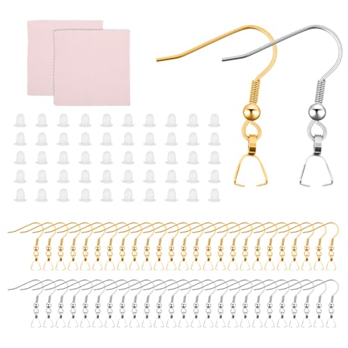 Stainless Steel Earring Hooks 100 Pieces DIY Earrings Making Kit, 50 Silver and Gold Earrings Hooks with 50 Clear Silicone Earring Backs and 2 Polishing Cloth for Jewelry Making