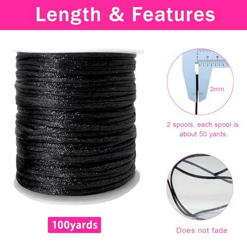 100 Yards Nylon Satin Cord, Rattail Silk Trim Beading Thread for Chinese Knotting, Kumihimo, Beading, Macramé, Jewelry Making, Sewing, DIY (20 Black)