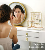 Emibele Jewelry Holder, Jewelry Organizer Stand Necklace Earrings Bracelet Holder, 5 Tier Jewelry Display Tower Rack with Metal Frame and Velvet Ring Tray, Aesthetic Jewelry Stand Gift for Women, Gold - color: Gold & White