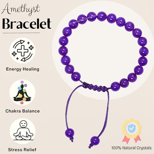 Amazing Gemstone Amethyst Bracelet for Women Men's Gifts - Protection Healing Crystal Bracelet - 8mm Gemstone Beaded Adjustable Bracelet Pulseras Para Hombres Mujer Stocking Stuffers - color: Amethyst
