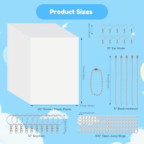 Auihiay 145 Pieces Shrink Plastic Sheet Kit Include 20 PCS Shrinky Paper with 125 PCS Keychains Accessories for Kids Creative Craft, Easter Mother Day Ornament - size: 145PCS
