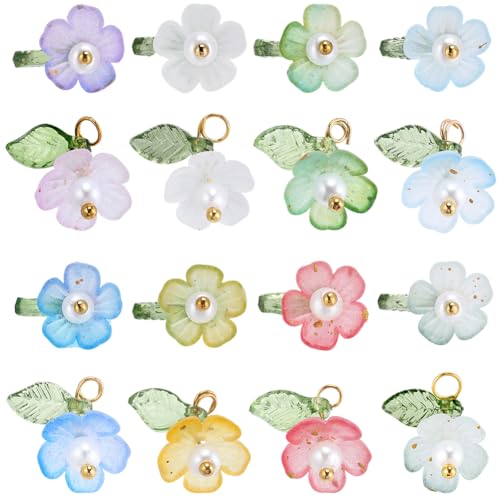 SUNNYCLUE 1 Box 160Pcs 8 Colors Flower Pearl Charms Floral Charm with Green Leaf Acrylic Spring Blooming Flowers Pendants for Jewelry Making DIY Crafts Necklace Earring Bracelets Keychains Accessories - style: Flowe 2