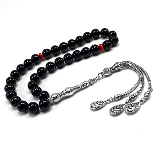 Simple Designed Natural Stone Worry Beads (8mm -33 Beads) - Prayer Beads Tesbih-Tasbih-Tasbeeh-Misbaha-Subha-Sebha-Sibha-Rosary (Black Shiny Glass -10 mm 33- Beads) - color: Black Shiny Glass -10 mm 33- Beads