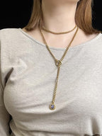Heart Slip Chain Necklace for Women, 39 Inch Cuban Chain, Removable Heart O-Ring, Crystal Pendant, Adjustable Stainless Steel Y-Necklace - color: Gold-Purple