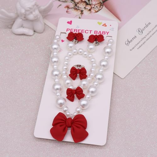 Princess Jewelry for Little Girls, Handmade Bow Pearl Kids Jewelry Set, Stretch Necklace Bracelets Rings and Clip on Earrings, Perfect for Dress Up, Birthday Parties, and Costume Play - color: Red