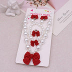Princess Jewelry for Little Girls, Handmade Bow Pearl Kids Jewelry Set, Stretch Necklace Bracelets Rings and Clip on Earrings, Perfect for Dress Up, Birthday Parties, and Costume Play - color: Red