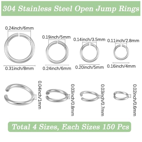 Beebeecraft 600Pcs 4/5/6/8mm 304 Stainless Steel Jump Rings Round Small Metal Open Jump Rings Silver O Chainmail Ring Connector for Jewelry Making Earring Bracelet Necklace Keychain DIY Craft - color: Stainless Steel Color