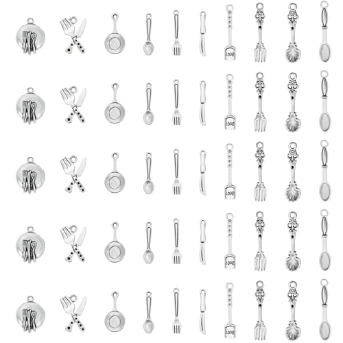 Shapenty 10 Styles Antique Silver Kitchen Tableware Fork Knife Pan Baking Cooking Charm Pendant Set for Earring Necklace Bracelet Keychain Jewelry Making Geocaching Fun Craft Supplies, 50PCS