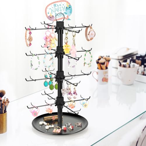 Jewelry Display for Vendors with 80 Hooks, 4 Tier Rotating Display Stand Earring Holder Organizer Adjustable Height, Earring Rack Keychain Necklace Bracelet Display for Retail - style: 4SL-BK
