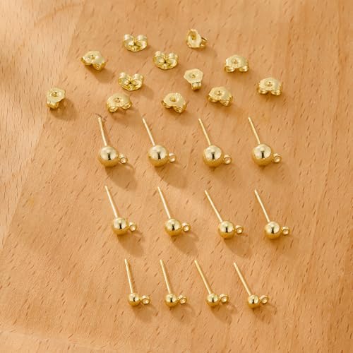 Gold Earrings Post for Jewelry Making, 12Pcs 3/4/5mm 925 Sterling Silver Earrings Ball Studs with Loop, Hypoallergenic Gold Ear Findings Butterfly Backs Supplies Set Studs Posts for Earrings Making - color: Ball_Gold