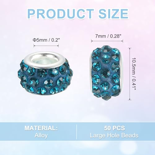 uxcell 50Pcs European Large Hole Beads, Rhinestone Craft Bead Crystal Charm Spacer Beads for Pens Bracelet Making Necklace DIY Craft, Blue - color: Blue