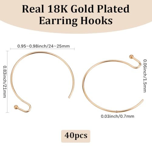 Beebeecraft 1 Box 40Pcs 18K Gold Plated Earring Hooks 24mm Half Round Gold Ear Wires for Jewelry Making Earring Findings DIY Crafts