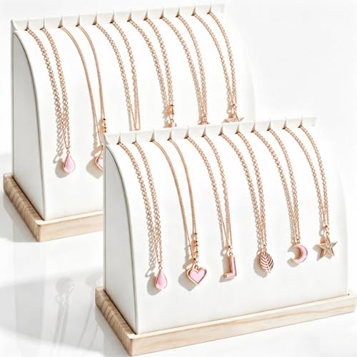 2 Pack Cambered Necklace Display Stand, Soft Leather Necklace Bracelet Organizer Rack for Selling, White Tabletop Jewelry Display Storage Holder for Necklaces, Pendant, Mother's Day