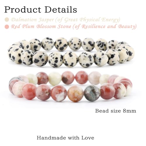 NCB 2.3-Piece 4mm Natural Crystal Gemstone Stretch Bracelets – Handmade Reiki Energy Healing Jewelry for Meditation,Yoga, Unisex - color: 2PCS ( Dalmation Jasper+Red Plum Blossom Stone ), size: 8mm