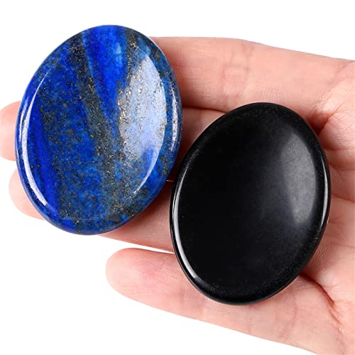 Thumb Worry Stone for Anxiety Healing Crystals Sets 2PCS Lapis Lazuli Obsidian Hand Carved Stones Gemstone Pocket Natural Stone Meditation Reiki Oval Shaped Palm Stone Therapy - color: 1-lapis Lazuli+black Obsidian, size: Oval