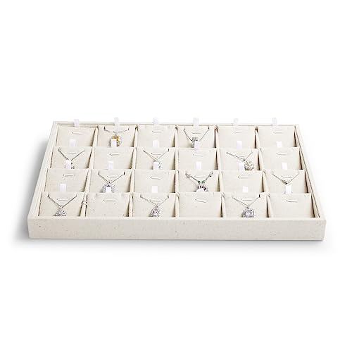 24 Grids Linen Necklace Tray Jewelry Display Tray Necklace Holder Organizer for Drawers With Removable Jewelery Cards Pendant Bracelet Storage (White) - size: 24 Grid With Insert