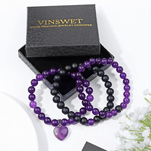 Vinswet Healing Crystal Beaded Bracelets for Women,Natural Amethyst Gemstones Bracelet,Anxiety Stress Relief Heart Charm Bracelet Handmade purple Jewelry Gifts for Women - color: Amethyst&Black Agate