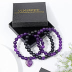 Vinswet Healing Crystal Beaded Bracelets for Women,Natural Amethyst Gemstones Bracelet,Anxiety Stress Relief Heart Charm Bracelet Handmade purple Jewelry Gifts for Women - color: Amethyst&Black Agate