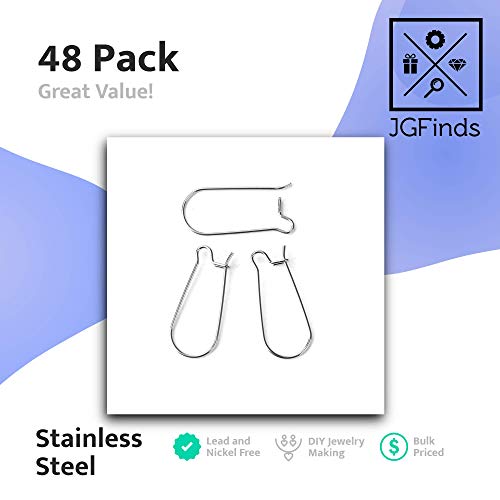 JGFinds Stainless Steel Ear Wire Hooks, 48 Pack Earring Findings, Secure Lock Kidney Wires - Teardrop Dangle 1 1/4 Inch - size: 1 1/4 Inch Long